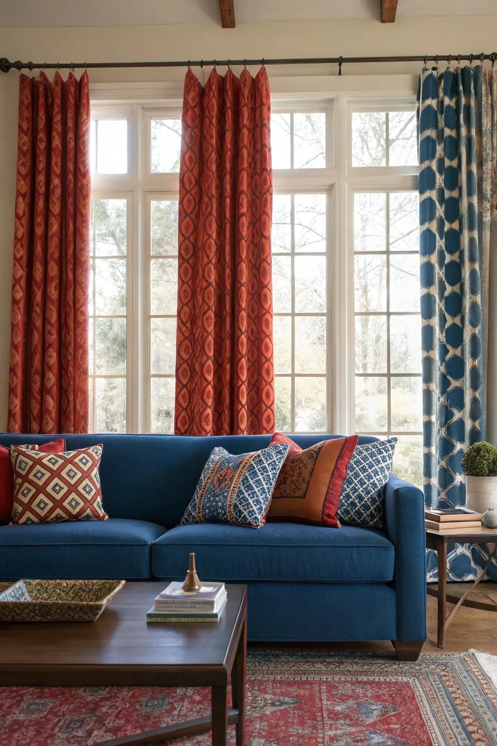 Bold curtains add a stylish statement to the living room.