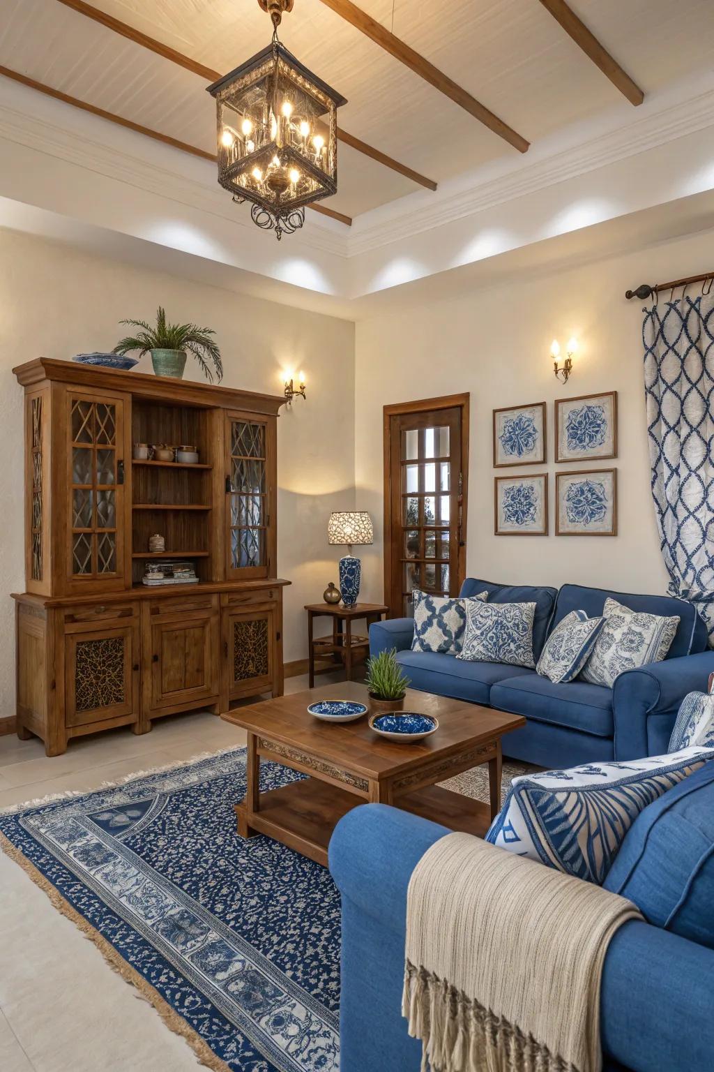 Warm timber tones enhance the cozy atmosphere of this blue-themed living room.