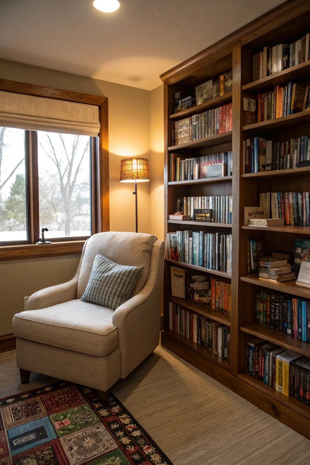 A reading nook offers a quiet retreat for game preparation and relaxation.