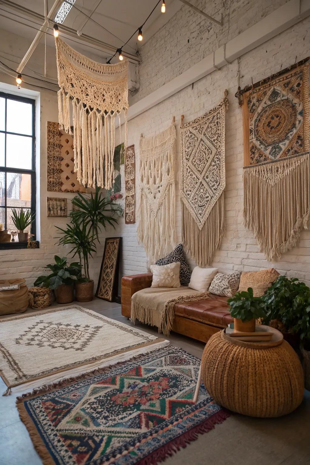 Bohemian wall ornaments contribute texture and intrigue to your loft.