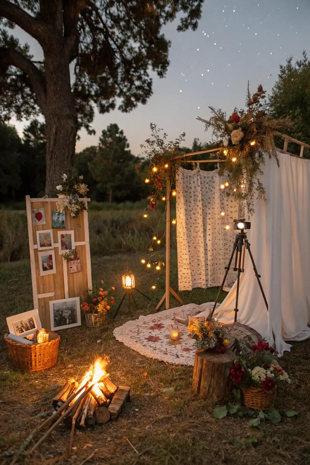 A fun and creative photo booth by the bonfire.