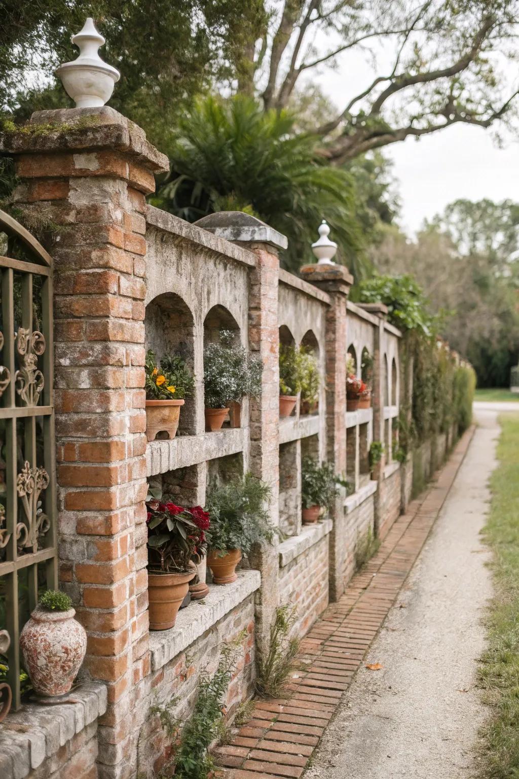 Recesses lend depth and personality to a brick fence.
