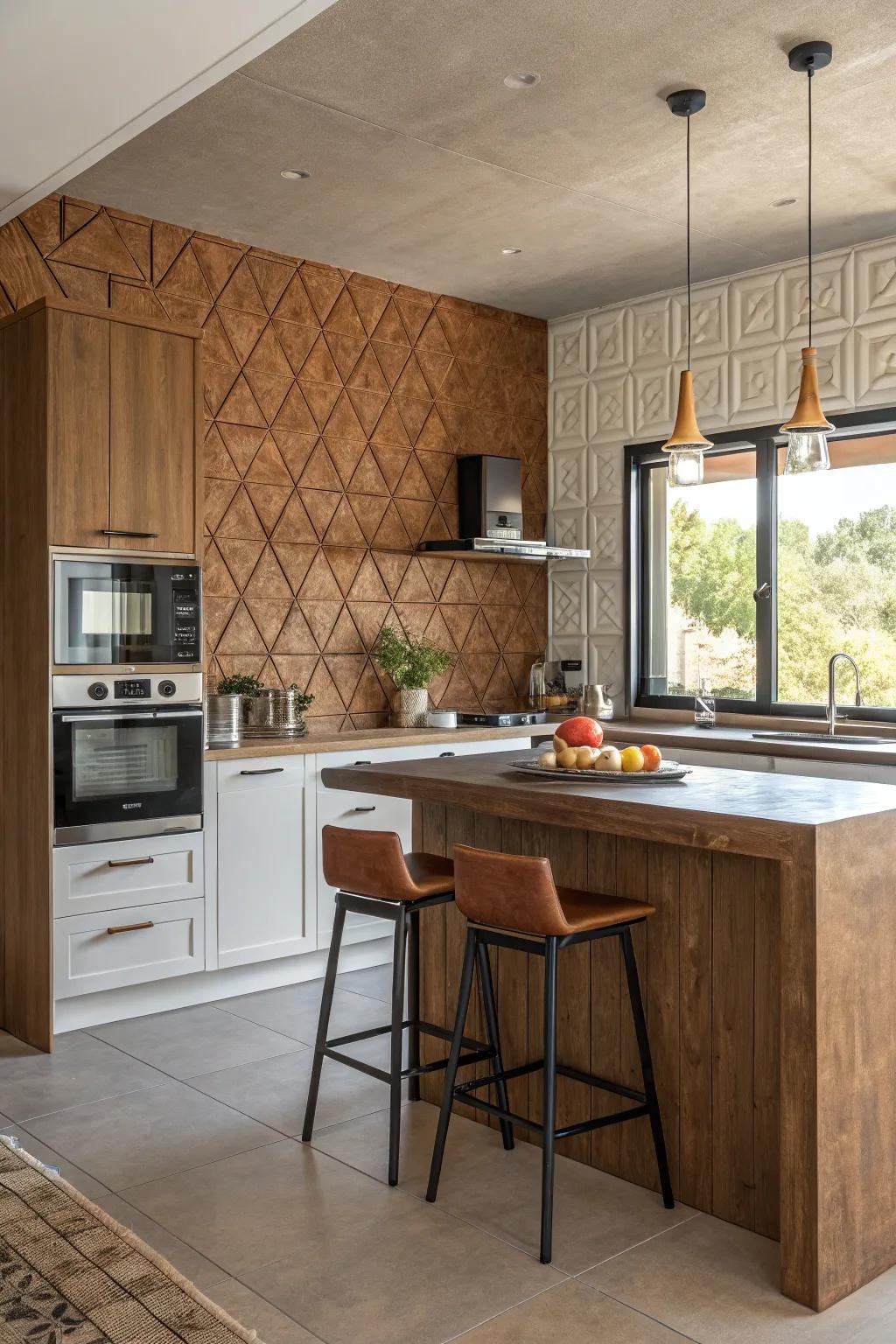 Timber textured wall panels create an elegant kitchen foundation.