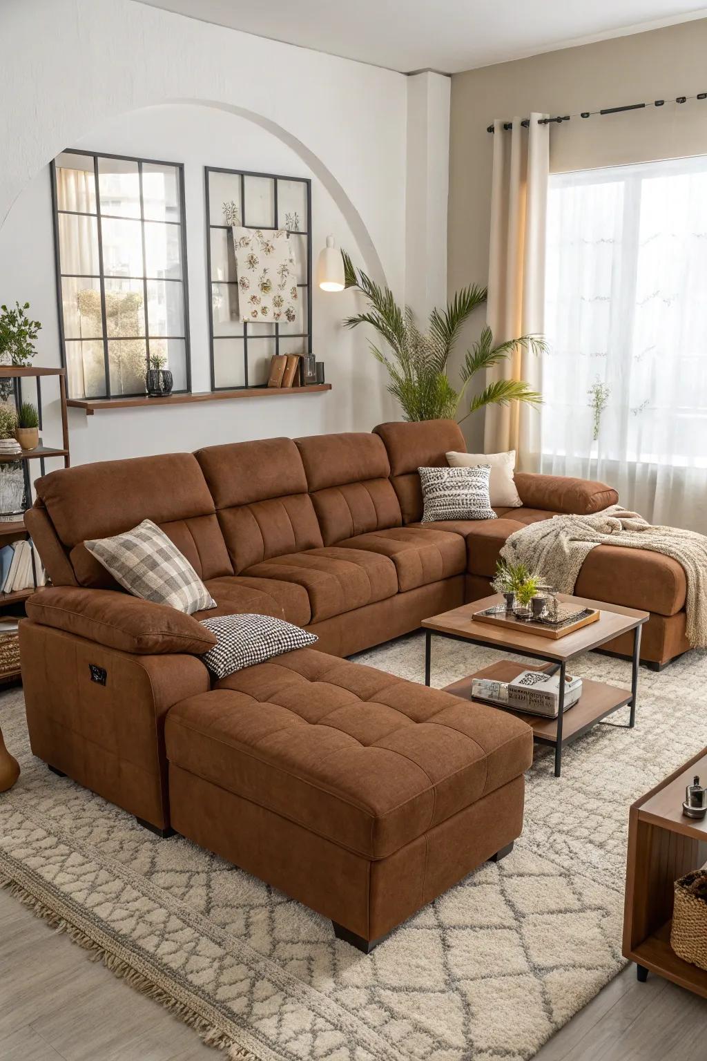 A modular brown sectional offers versatile configurations for any living space.