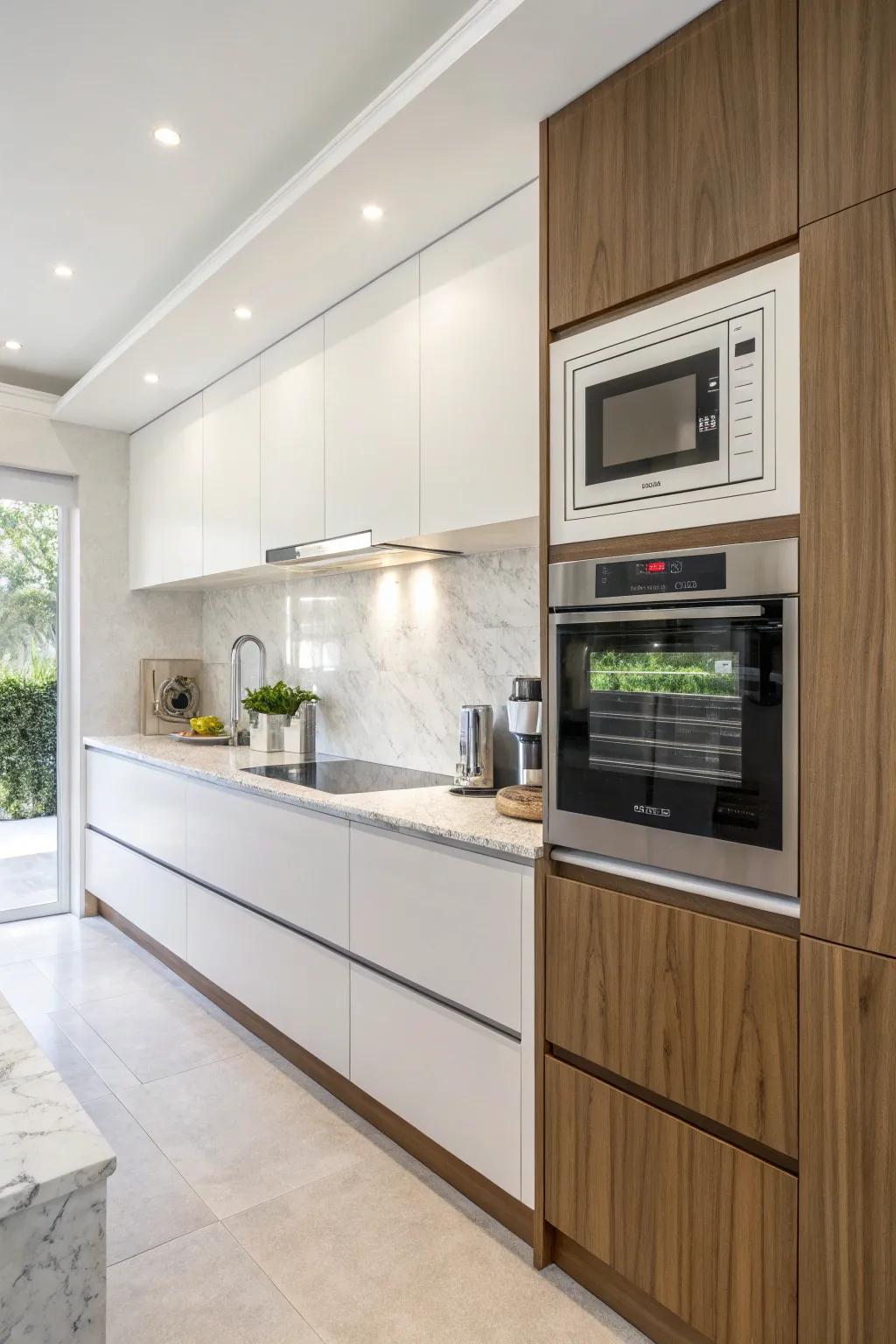 Contemporary kitchen highlighting a microwave recessed into the wall.