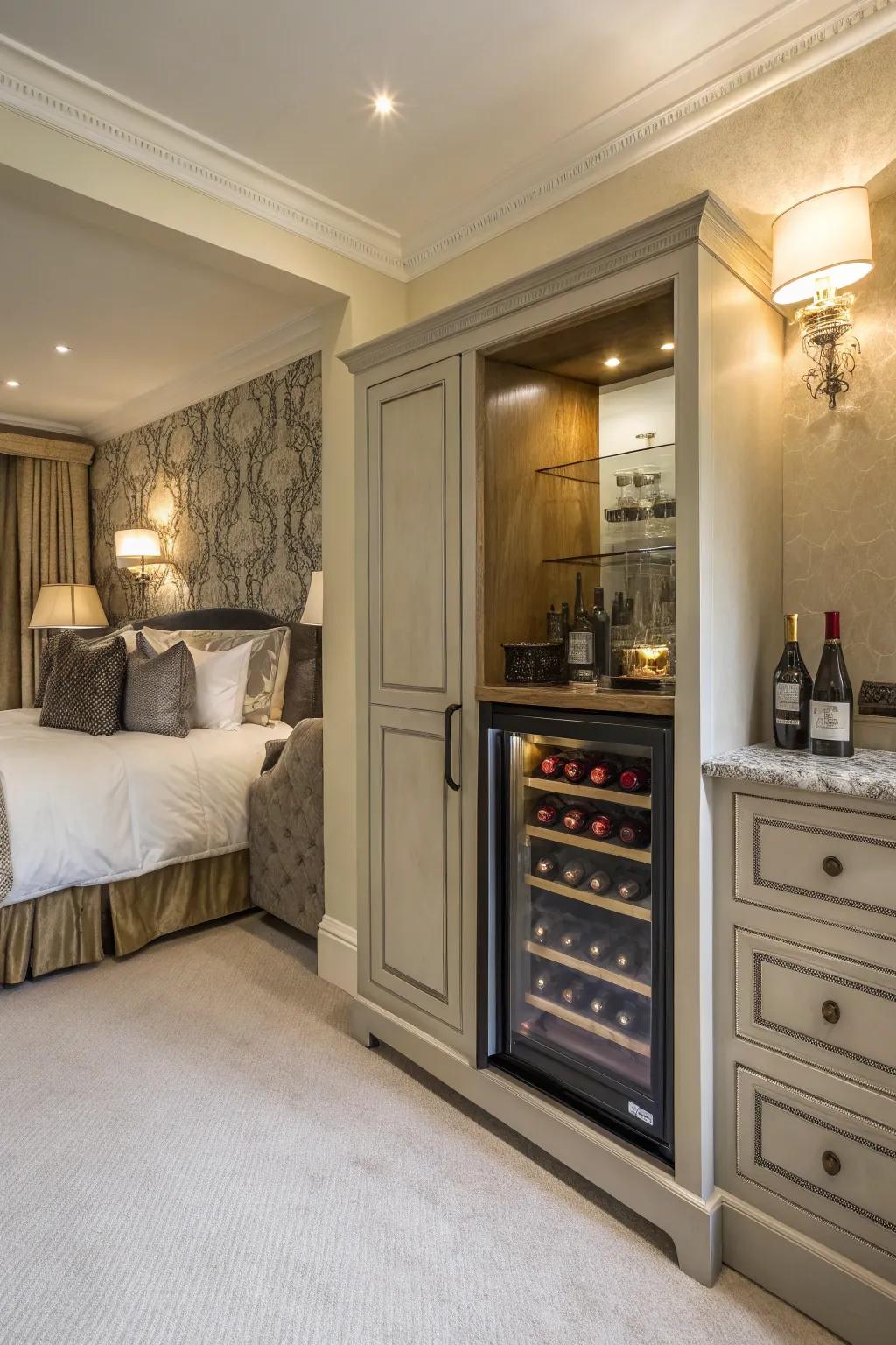 Create a personal retreat with a beverage cooler in your bedroom for ultimate luxury.
