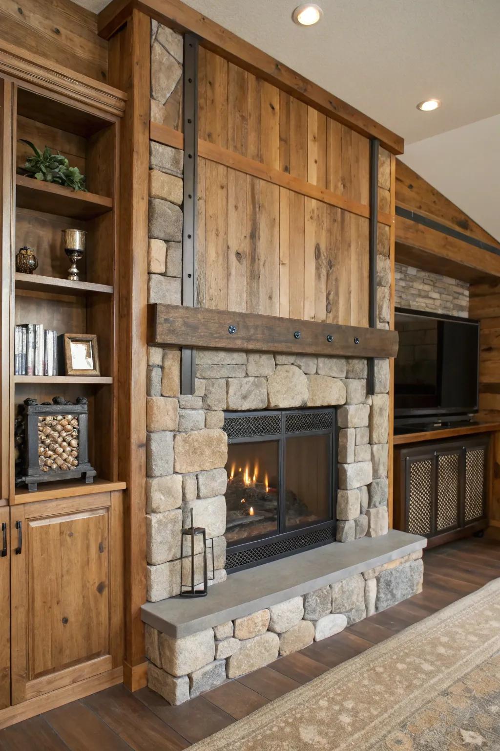 Uniting textures appends depth and fascination to fireplace built-ins.