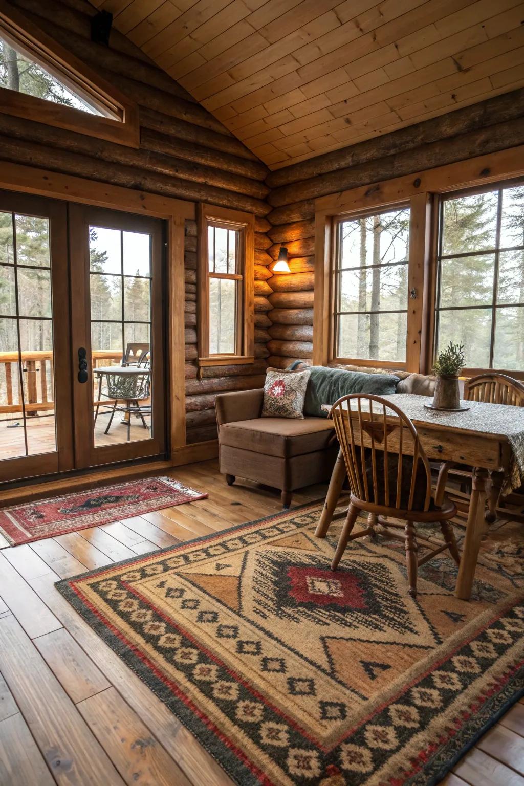 Layered carpets bring warmth and surface interest to the cabin’s floor.