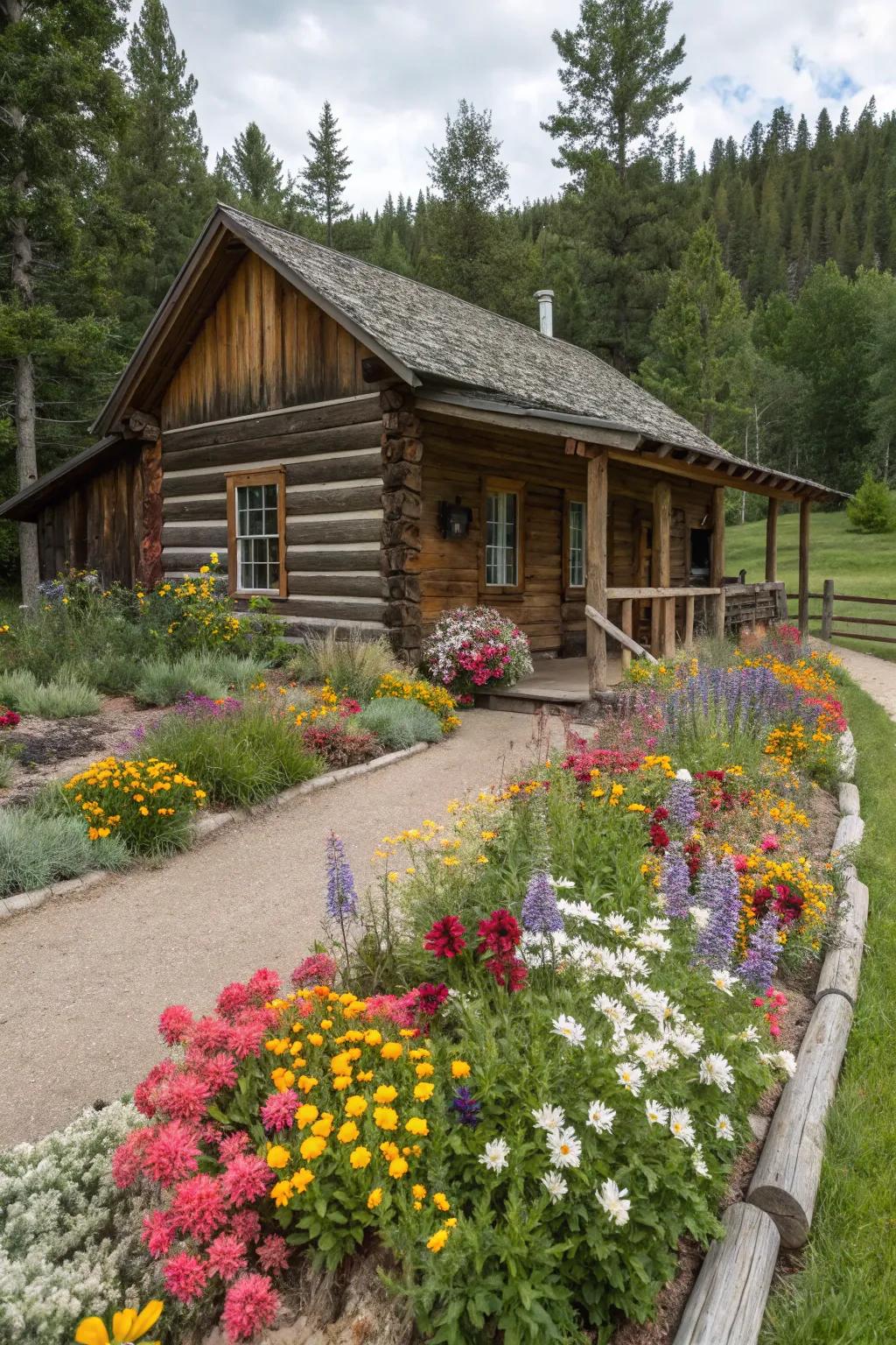 A colorful bloom border frames your cabin beautifully.