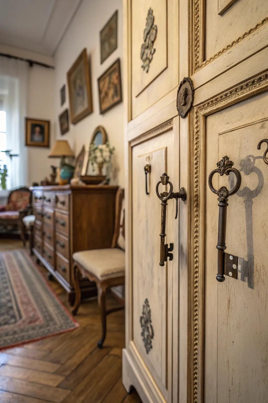 Old key knobs add a unique vintage touch to cabinets.