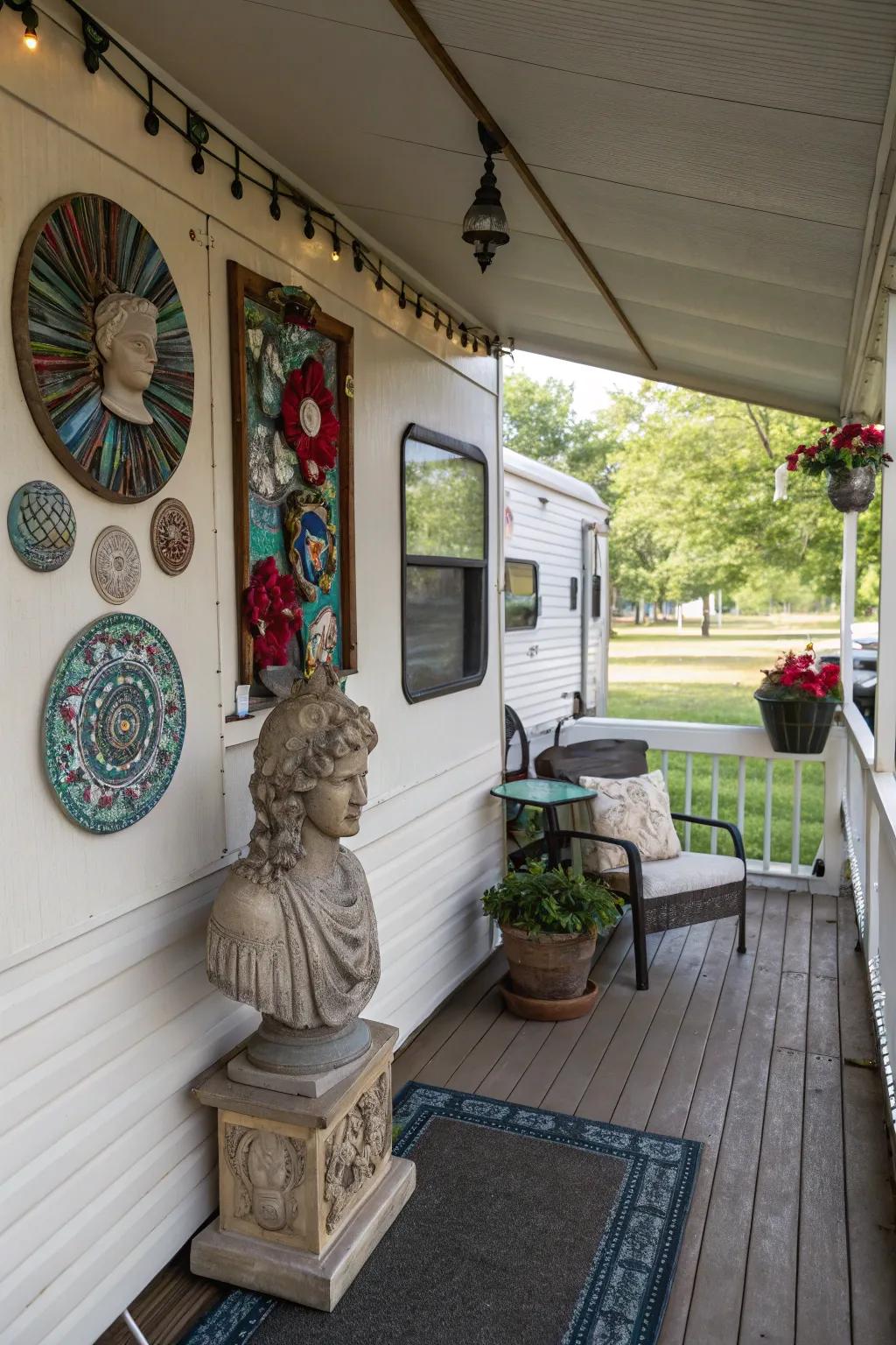 Artistic touches that personalize a camper porch beautifully.