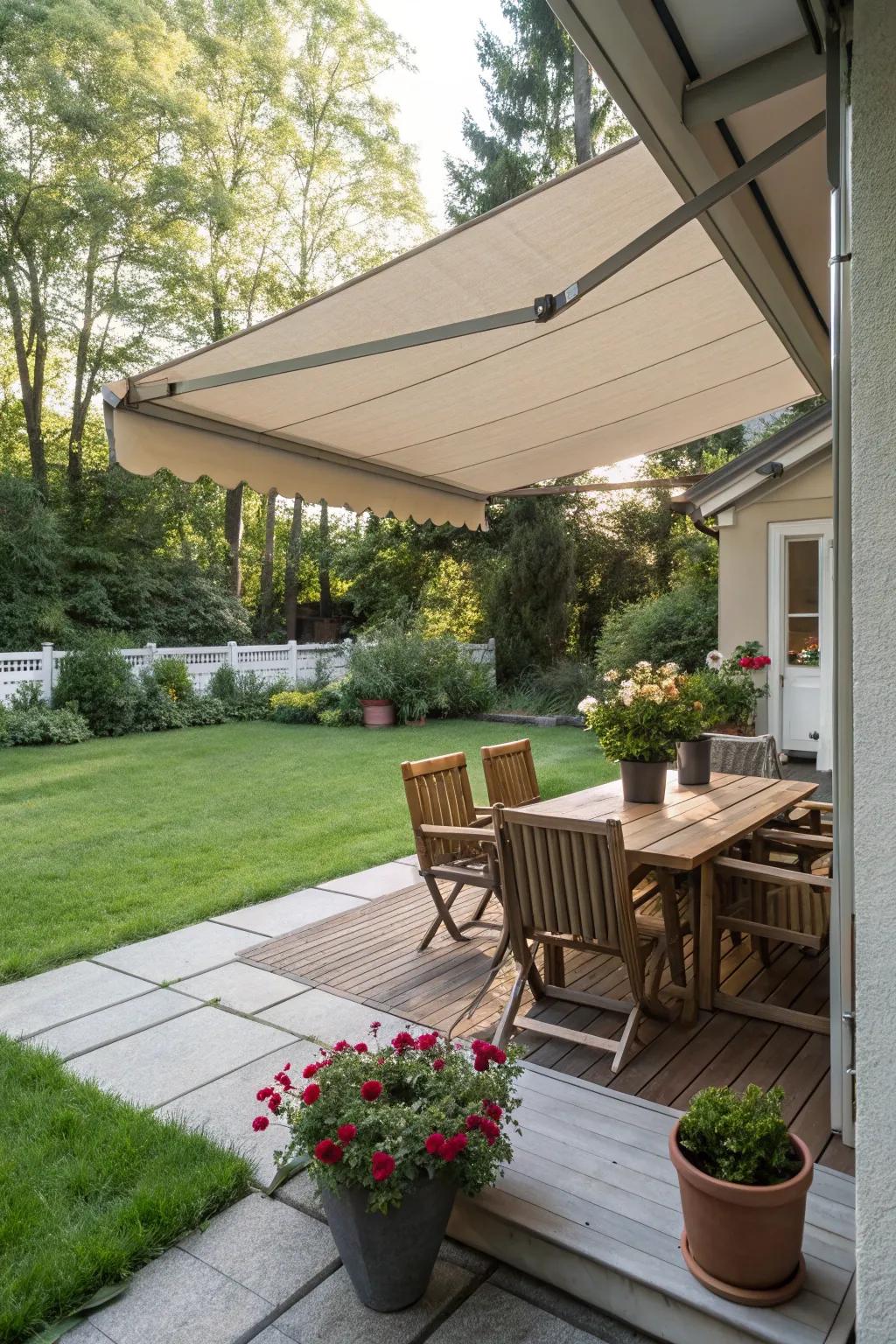A simple awning provides shade and style to your patio.