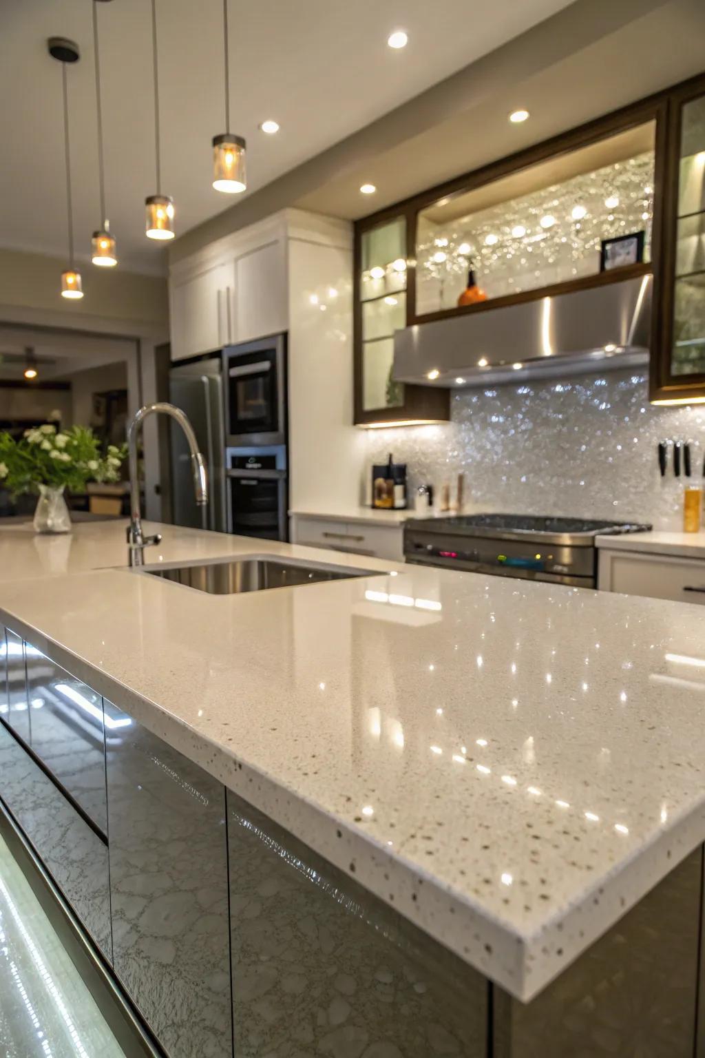 Artistic kitchen with high-gloss poured resin countertops.