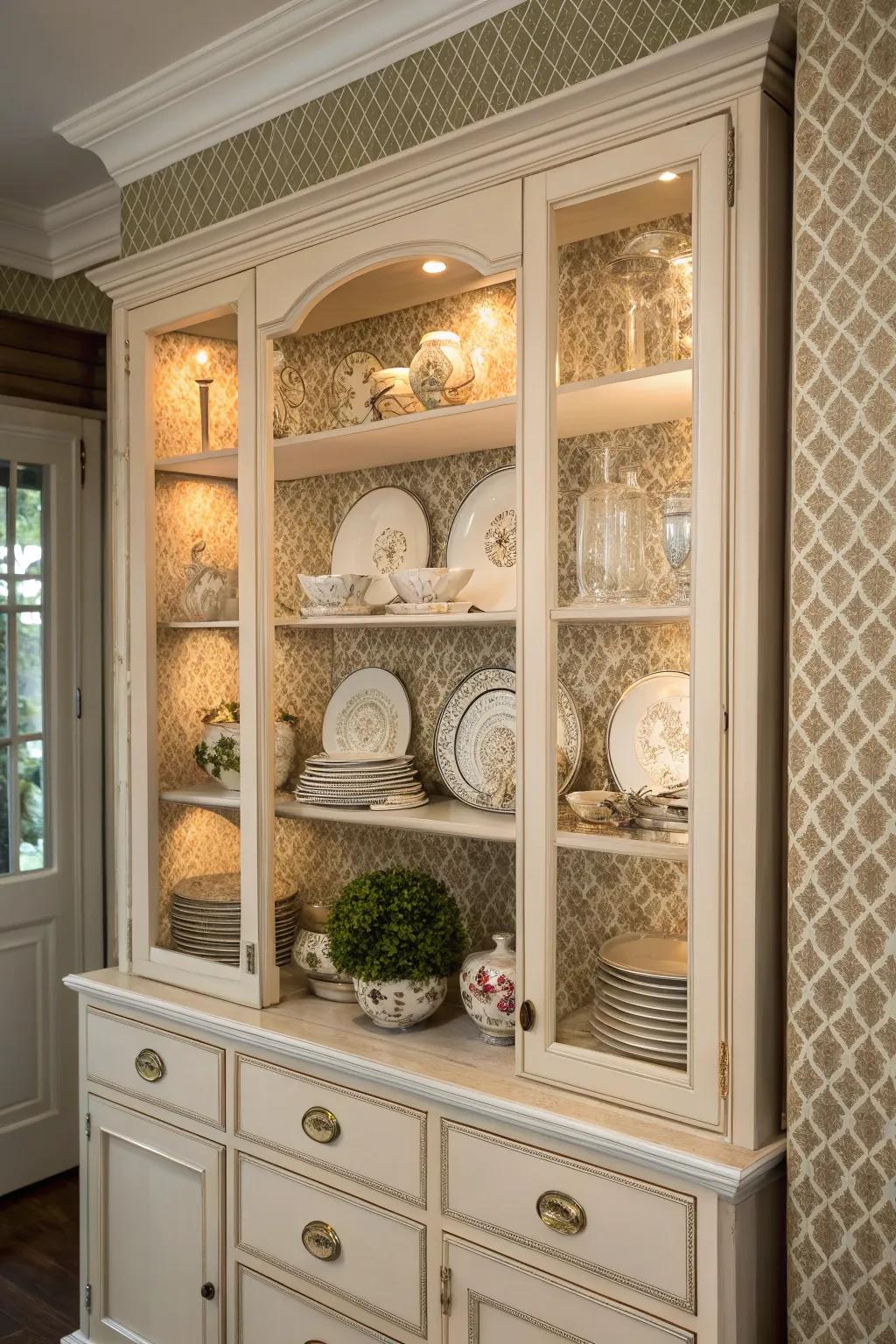 Textured wallpaper includes measurement to a display hutch display.