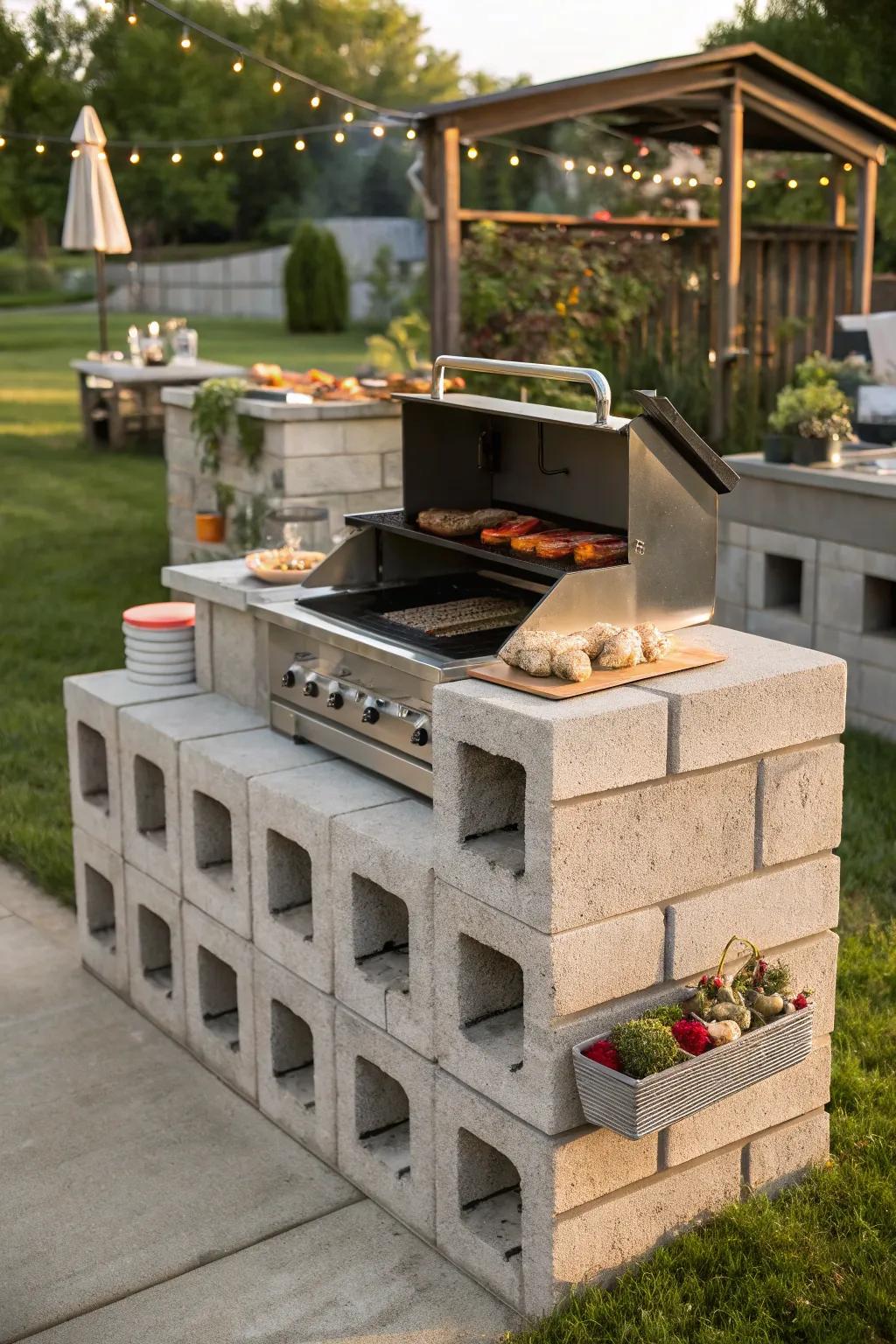 Elevate your outdoor cooking game with this multi-level cinder block grill station masterpiece.