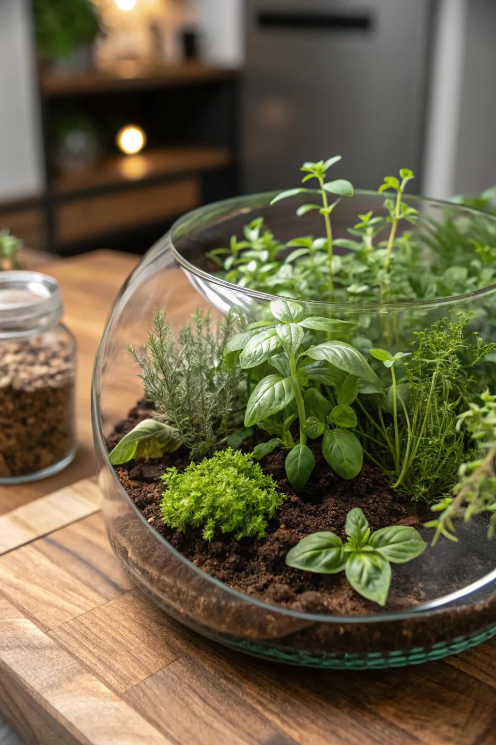 An edible herb garden terrarium, combining beauty and utility.