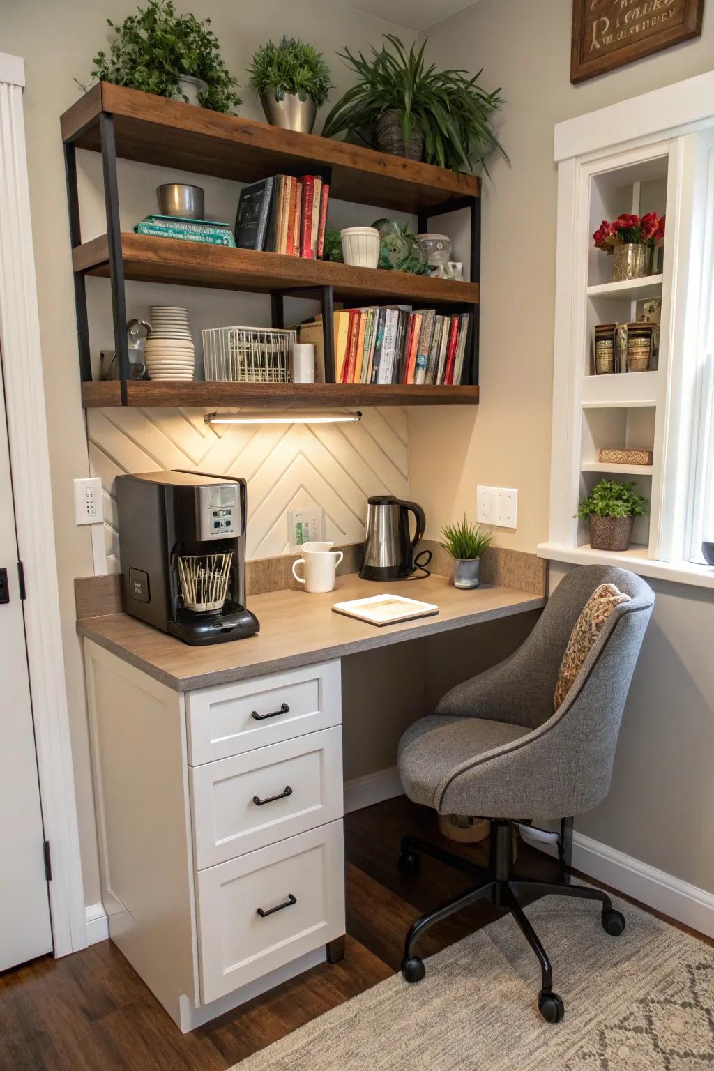 A welcoming coffee nook in a home office space.