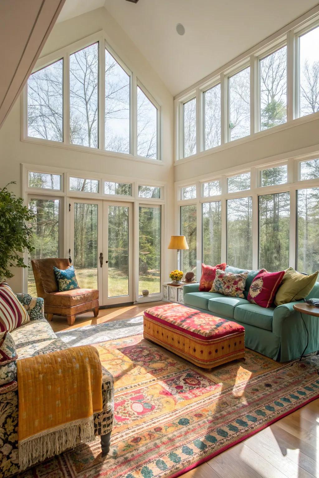 Floor-to-ceiling windows illuminate the colorful design in this airy lounge area.