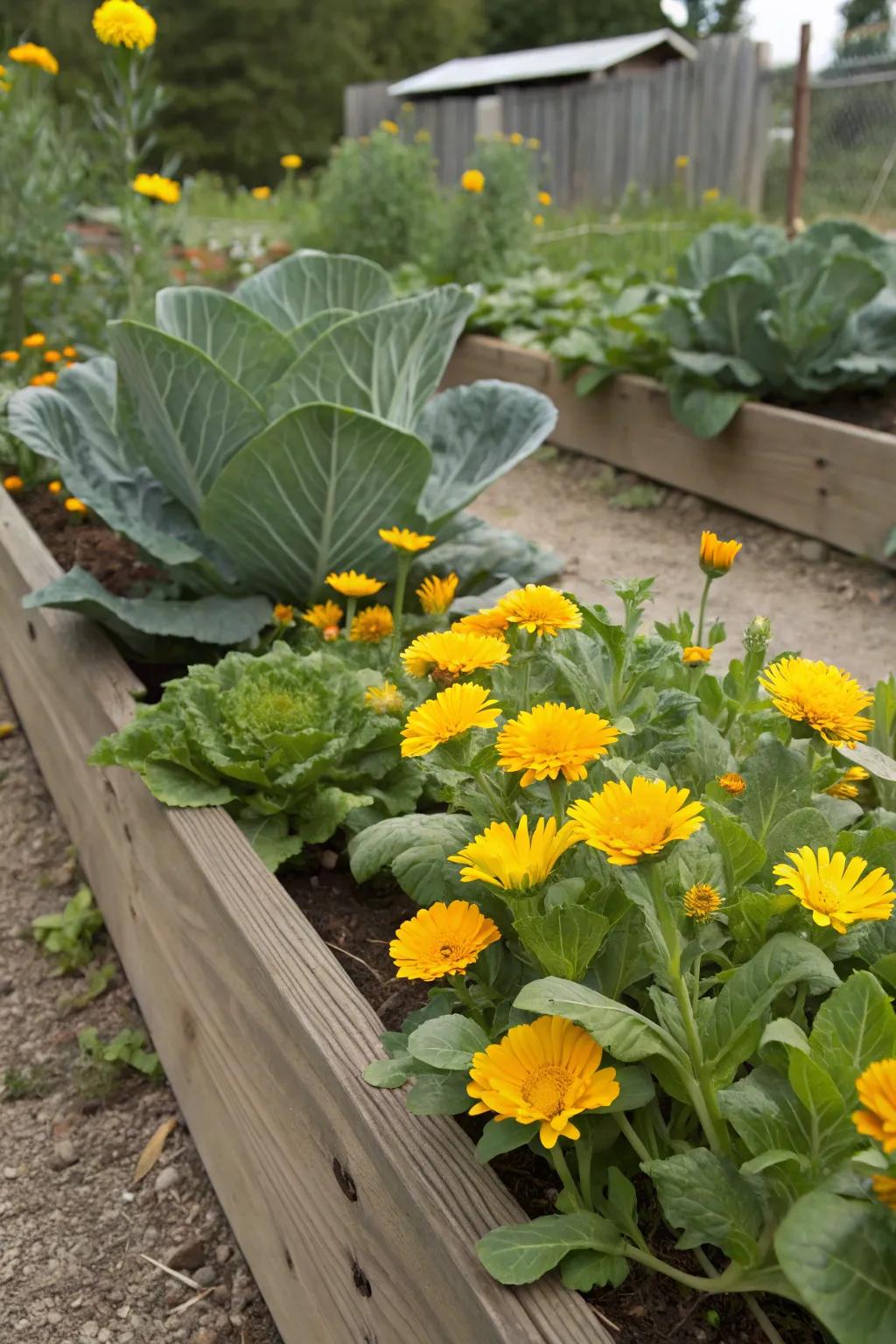 A colorful and pest-repelling garden pair: calendula and cabbage.