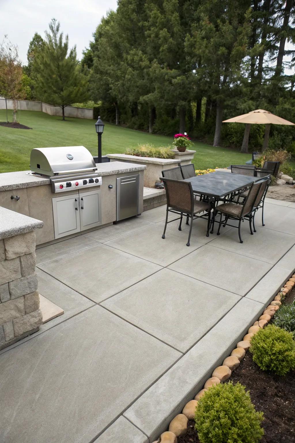 A concrete patio equipped with a built-in barbecue station for outdoor cooking.