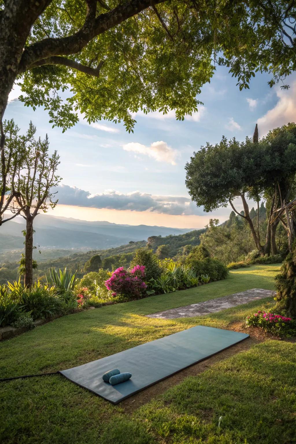Outdoor yoga spaces enhance relaxation and concentration.