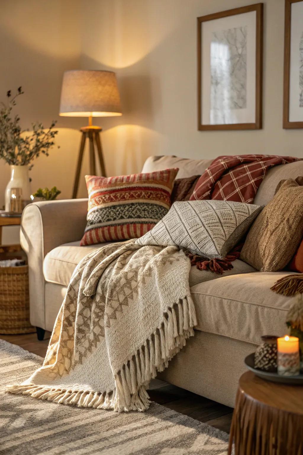 Layered textiles enhance warmth and comfort in your living room.