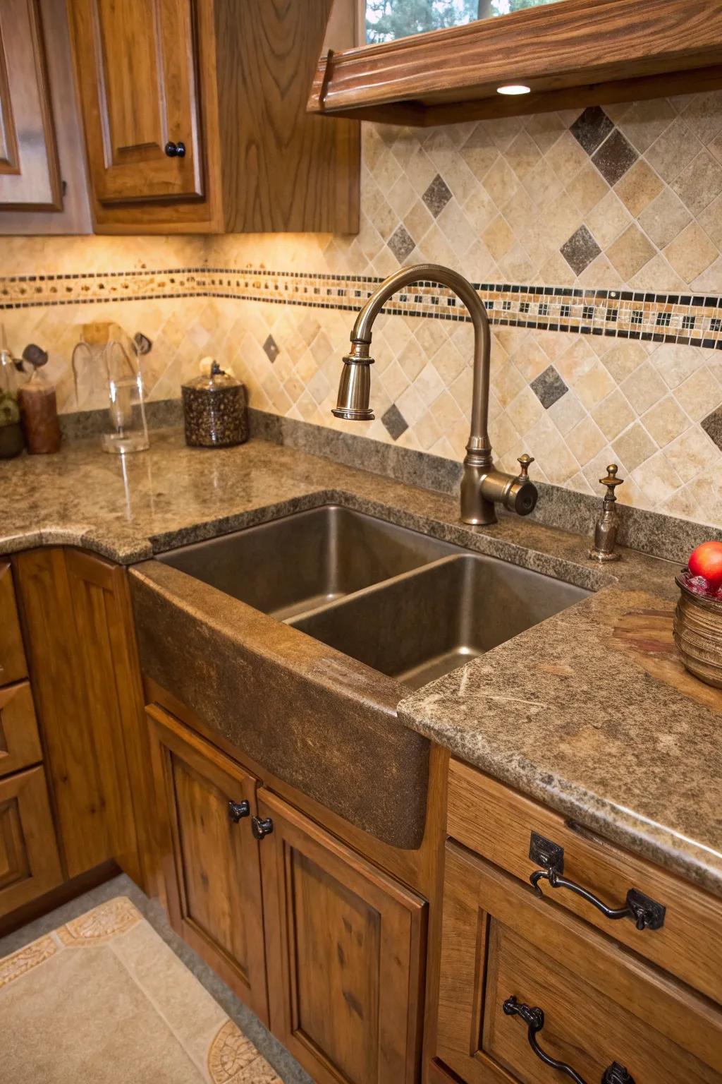 A corner sink with farmhouse charm, featuring rustic materials for a cozy kitchen atmosphere.
