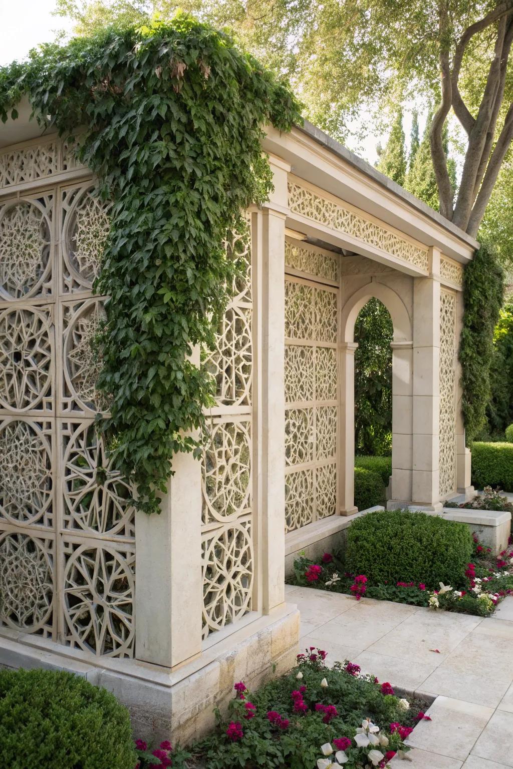 A trellis embellished with complex geometric motifs to provide visual fascination.