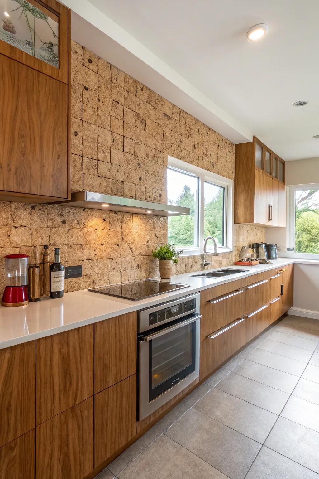 Cork backsplashes provide a singular texture and an eco-friendly design choice.
