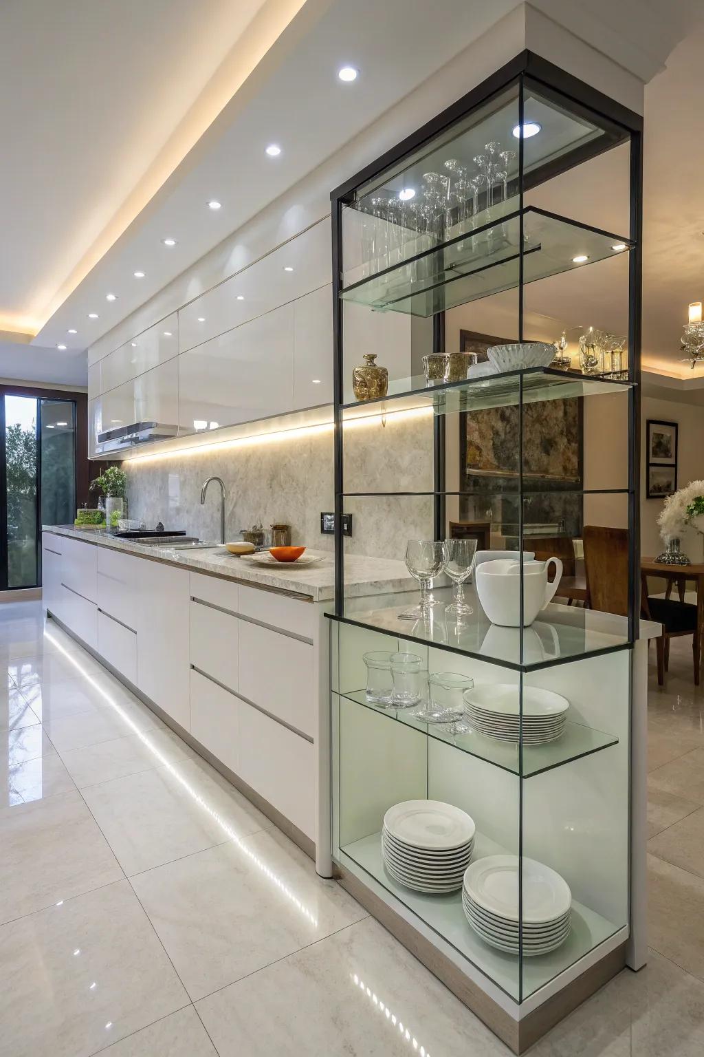A kitchen featuring glass elements for elegance.