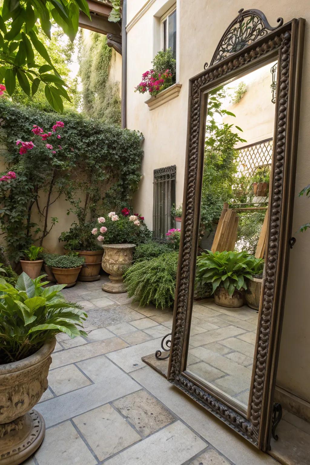 Mirrors enhance space and light in this courtyard patio.