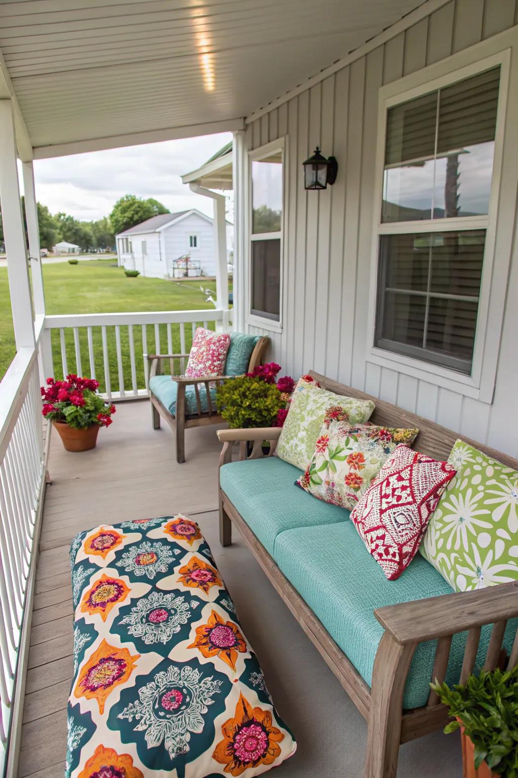 Weather-resistant fabrics maintain your porch furnishings looking fresh and vibrant.