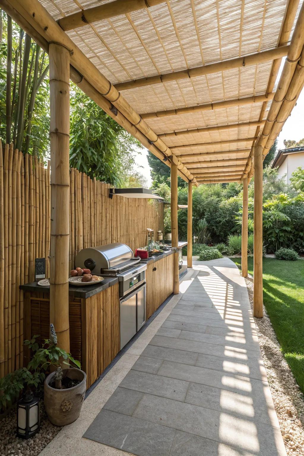 A bamboo breezeway adding an exotic touch to a grilling area.