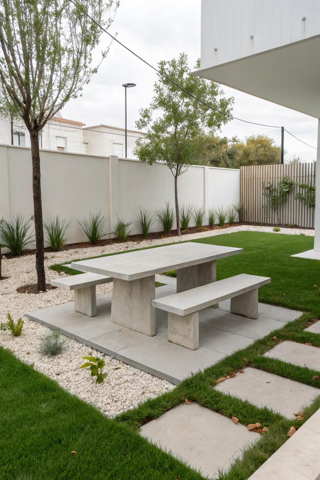 A minimalist concrete picnic table, offering a sleek and durable outdoor seating option.