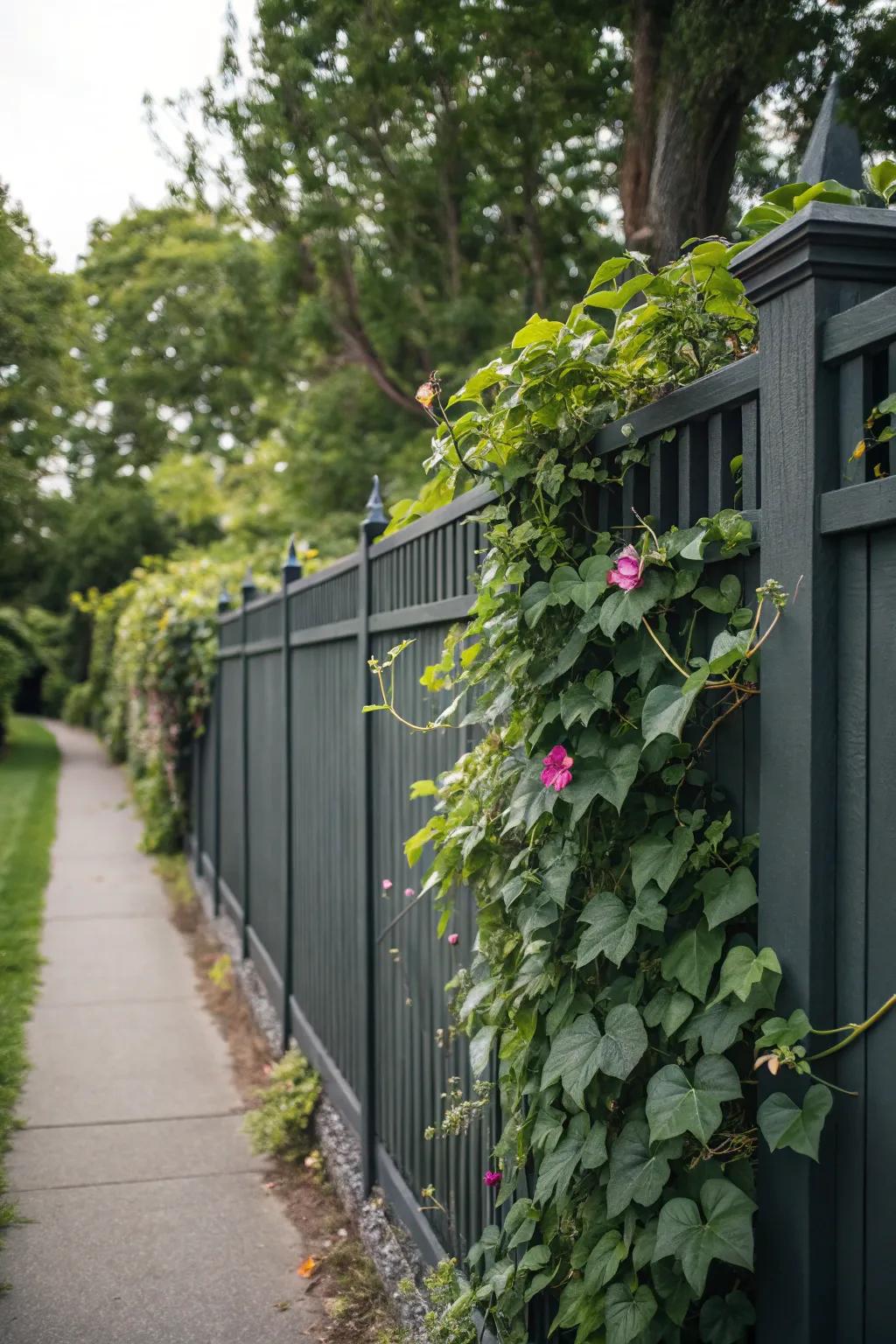 A deep charcoal boundary transformed into a lush living wall with climbing plants.