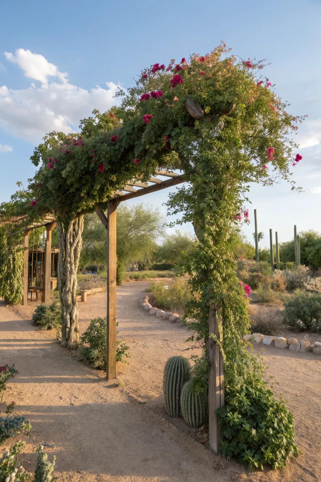 Trellises injecting vertical focus and undergirding climbing flora.