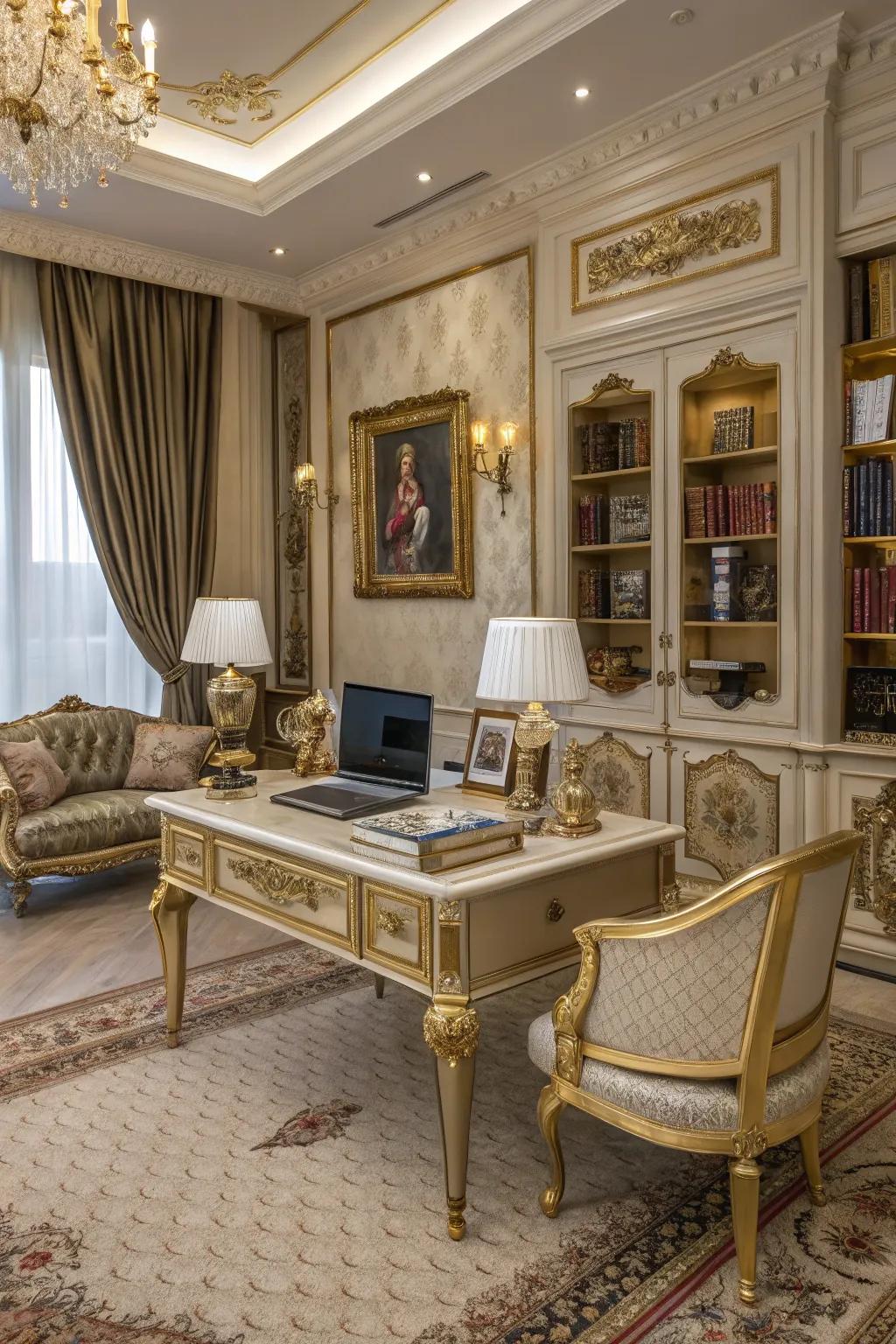 Gold-accented desks infuse your workspace with luxury and sophistication.