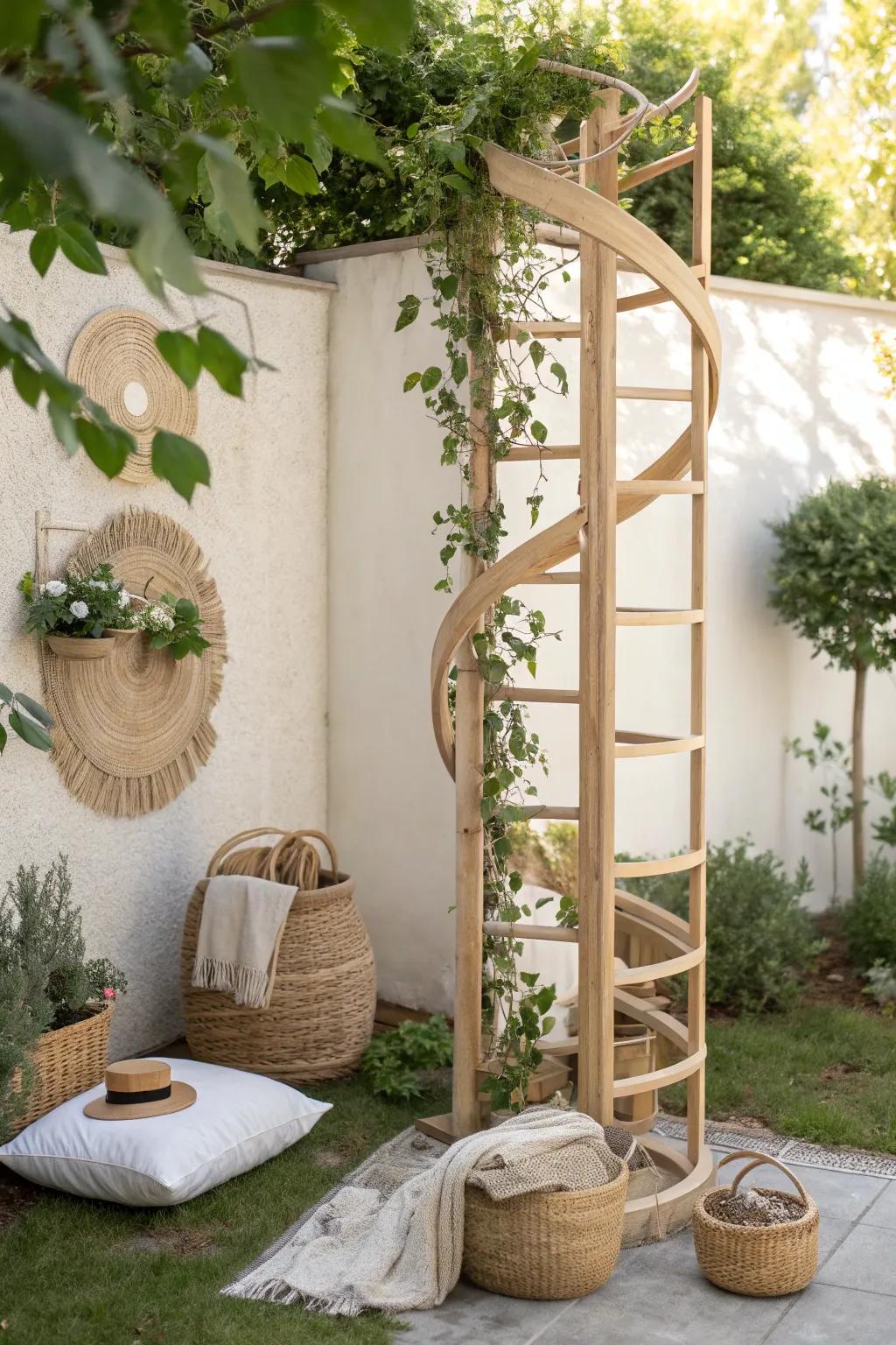 Elevate your garden with the artful elegance of a spiral trellis, where simplicity meets natural beauty.