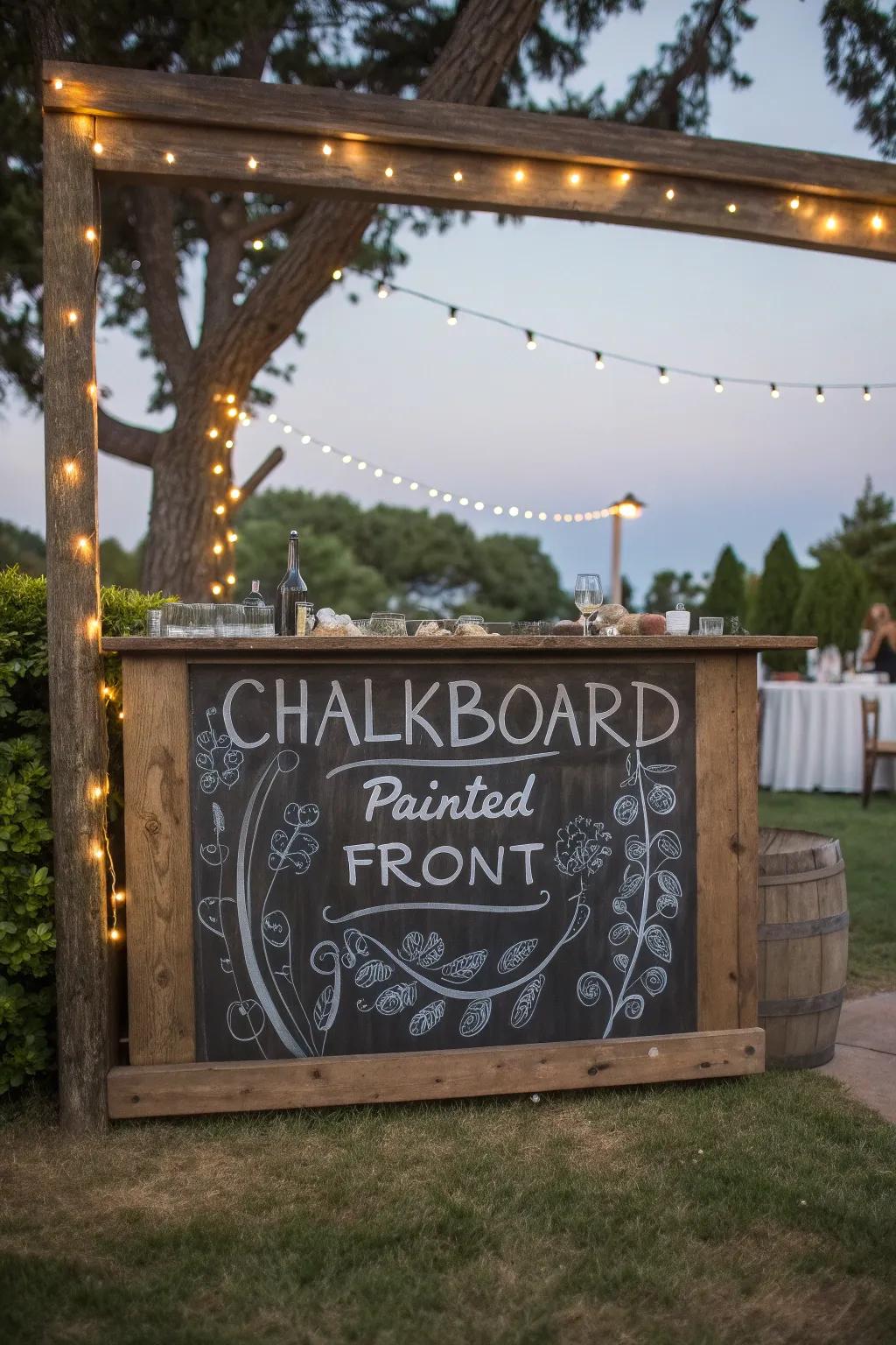 Elevate your outdoor gatherings with a handcrafted chalkboard bar that invites creativity and conversation.
