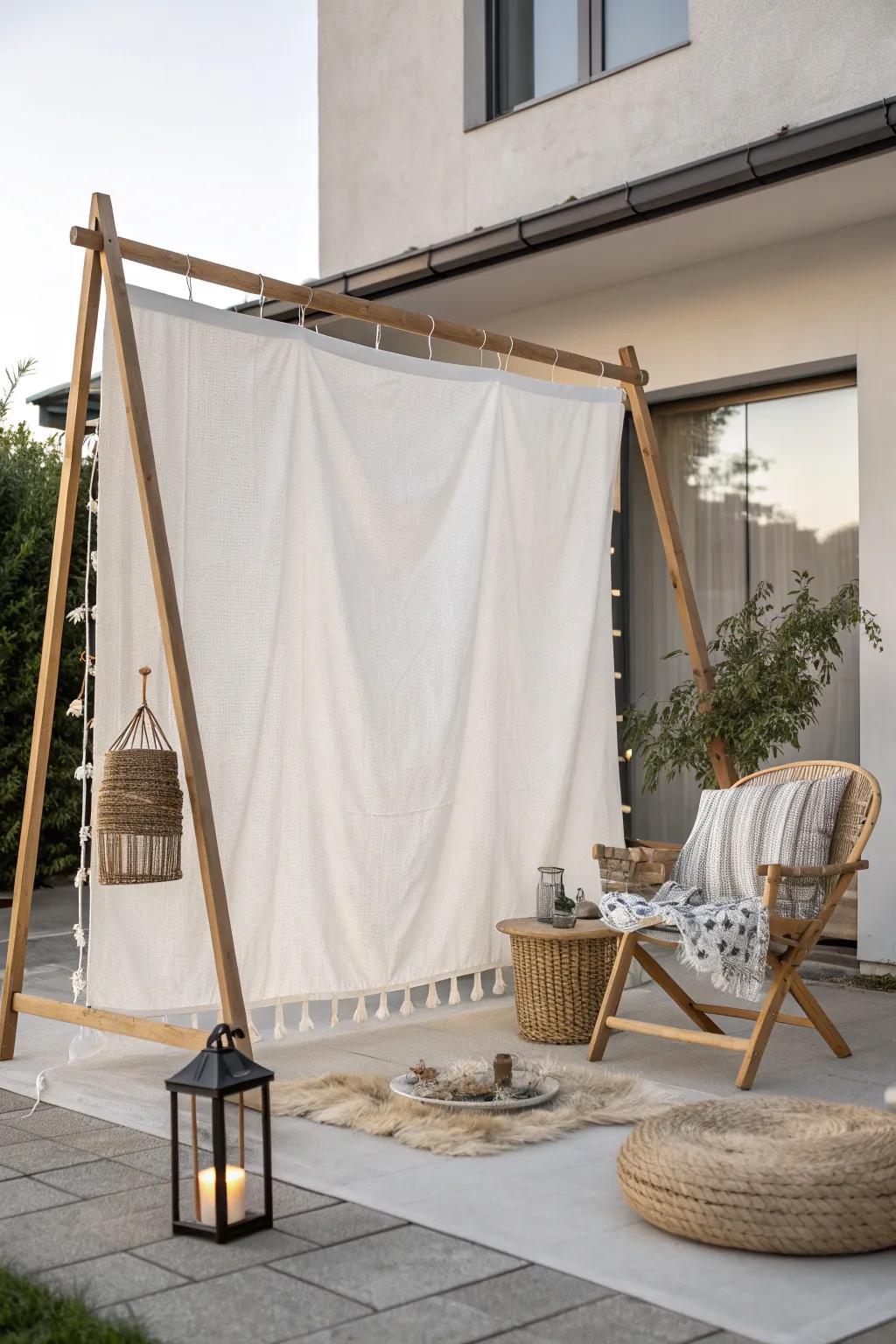 Transform your patio into a serene outdoor cinema with this elegant DIY movie screen setup. 🌿📽️ #ScandinavianMinimalism #OutdoorCinema