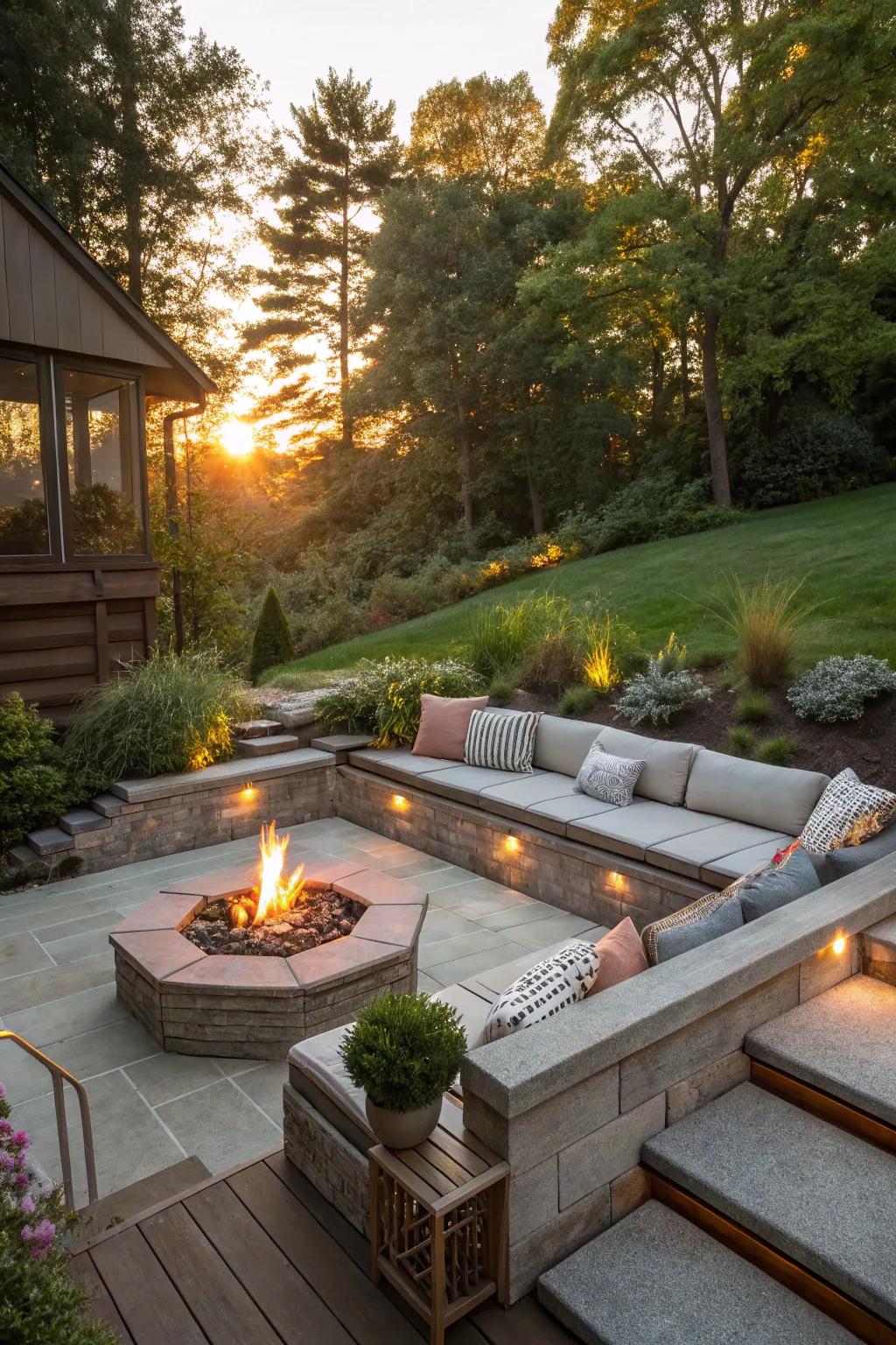 A recessed seating space establishes an intimate and cozy space on a sloped yard.