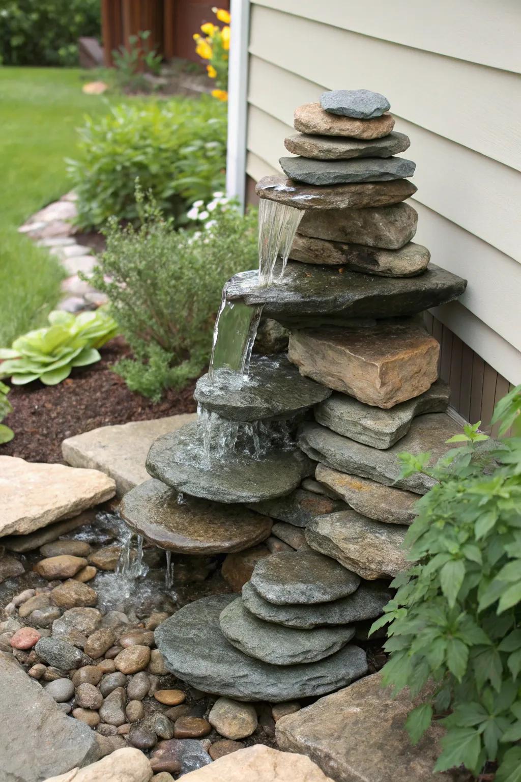 Transform your garden into a serene retreat with a handcrafted stone waterfall under your downspout.