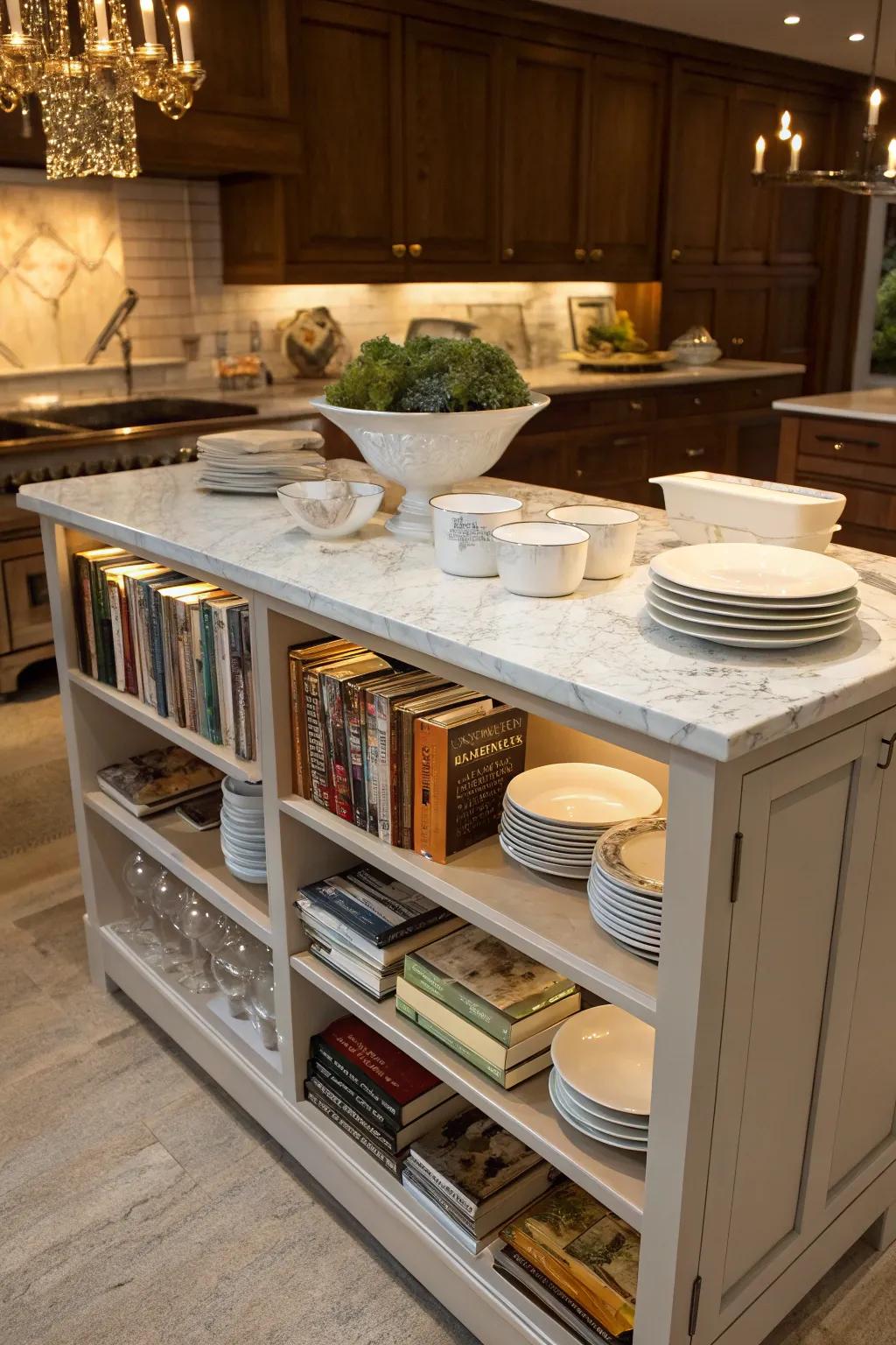 An island featuring exposed shelving for display and storage.