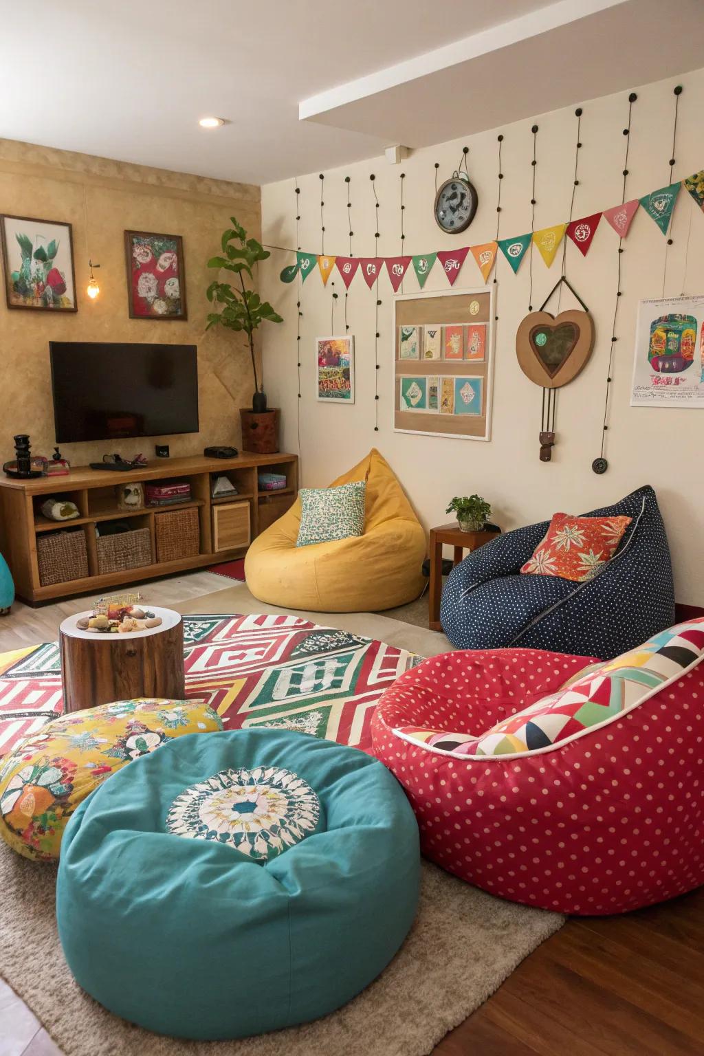 Bean bags present enjoyable and adaptable seating.