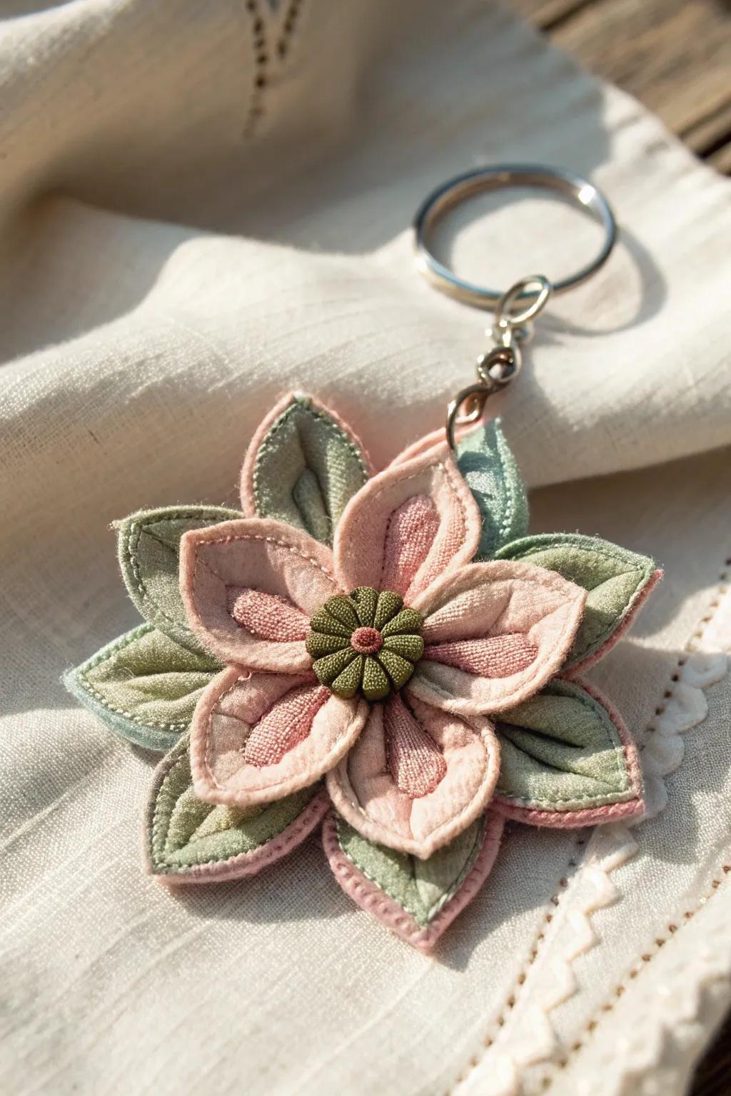 Inject a hint of refinement to your everyday with a handcrafted textile flower keychain.