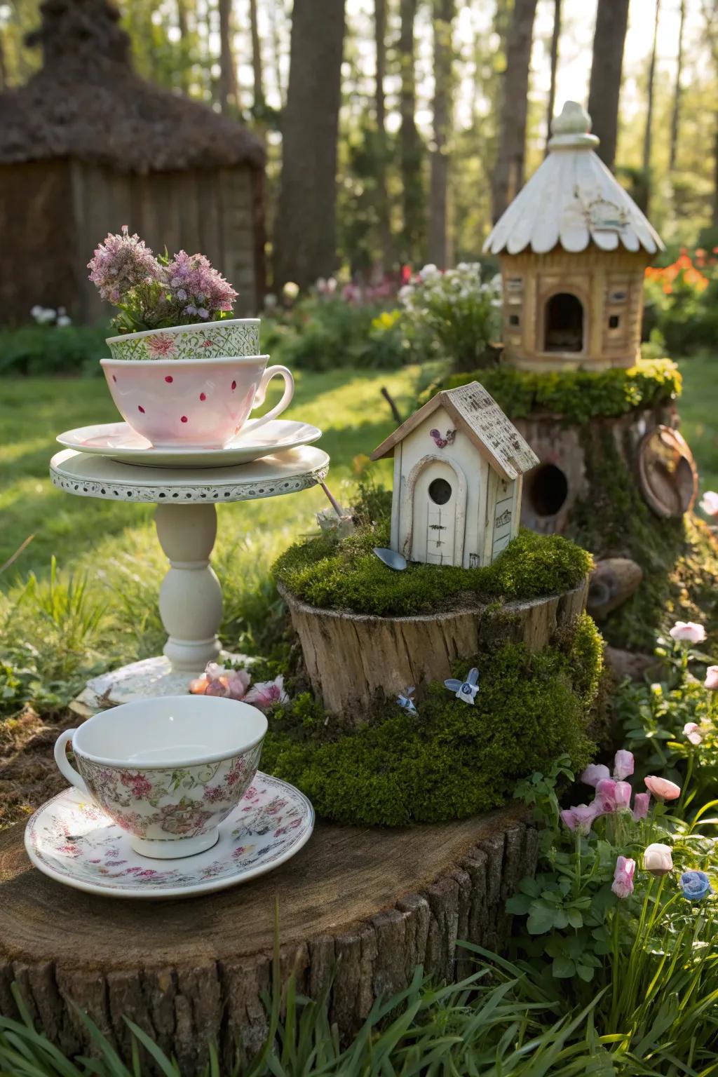 Upcycled elements bringing unique charm to the fairy landscape.