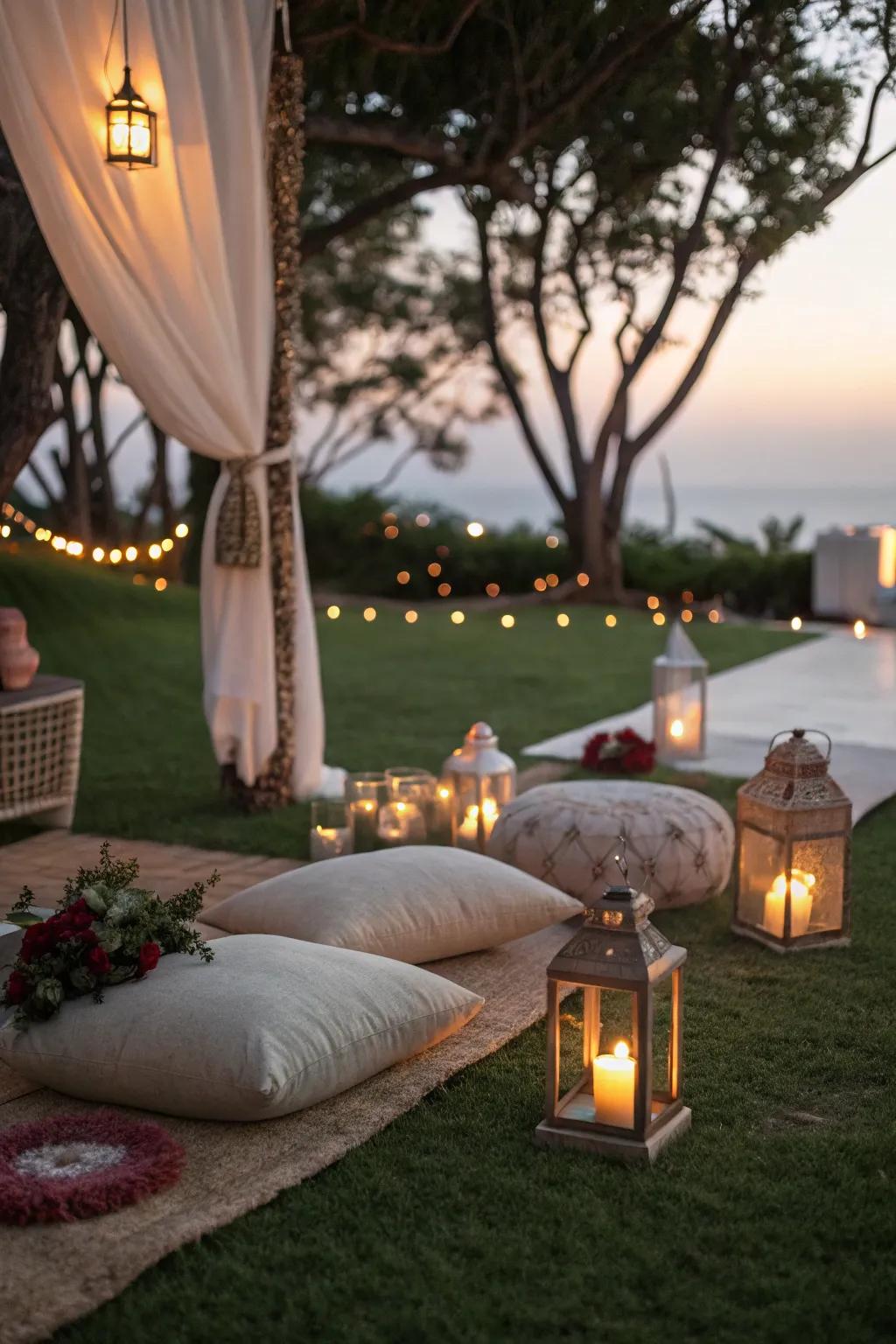 A romantic evening lounge with a cozy ambiance on fake grass.