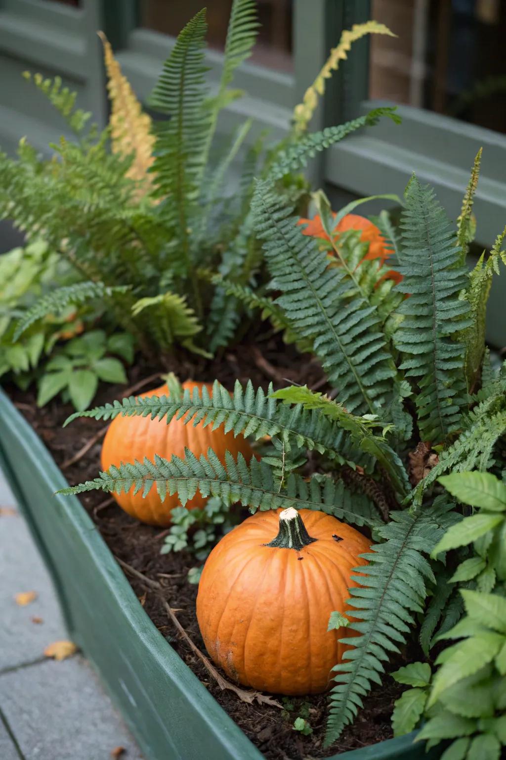 Fern fronds provide a refreshing contrast to pumpkins.