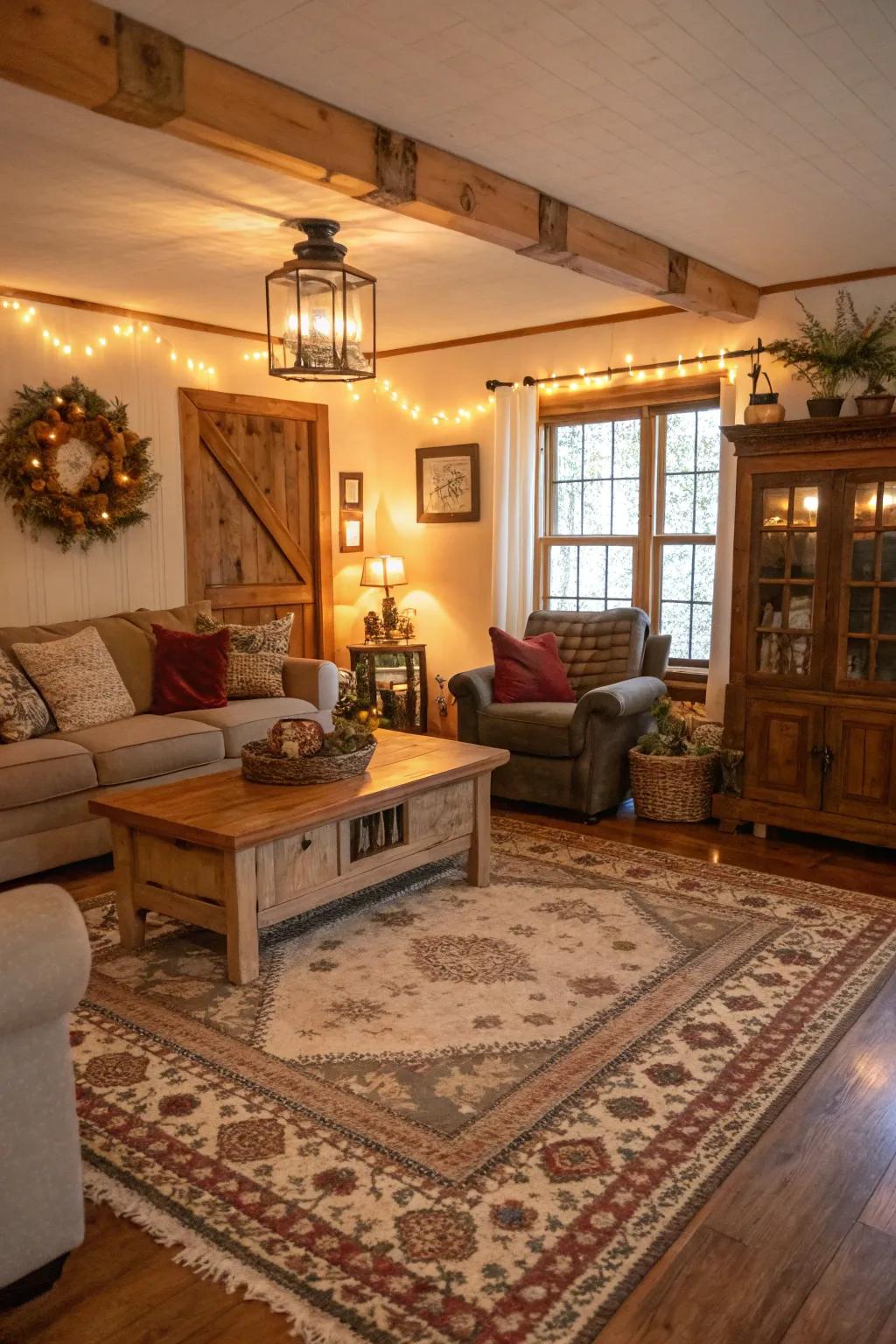 A snug rug anchors and warms this farmhouse living space.