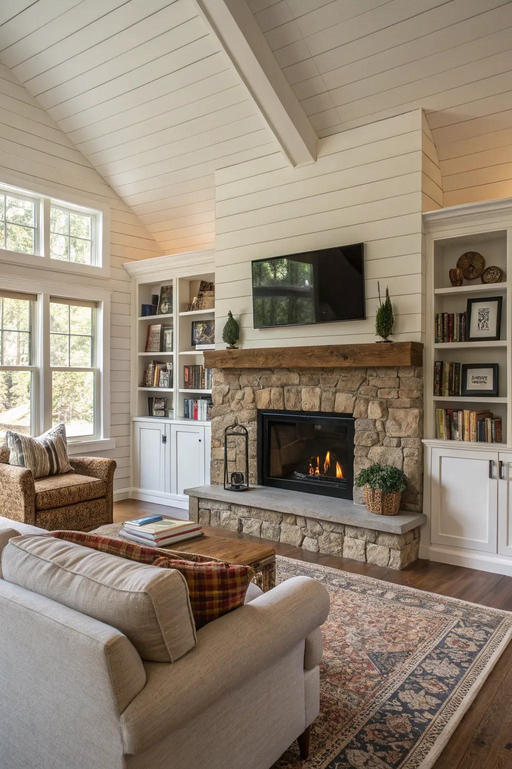 A wraparound plank wall fashions a cohesive and unified look.